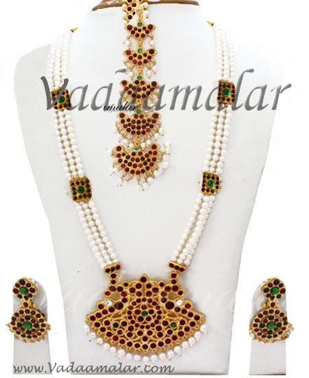 Buy Bharatanatyam jewelry Long Pearl Strands Temple Kemp stone Pendant Earring Tikka Set