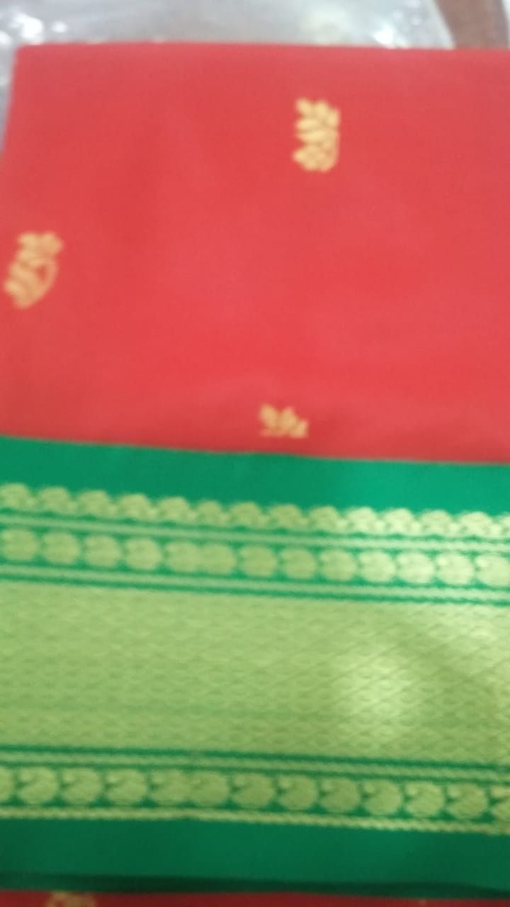 Red Poly Cotton Saree green zari border Poly Cotton Saree Buy Online