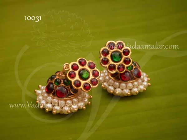 Kemp and pearl Jhumkis Jhumka Traditional South India Earrings Red Buy now