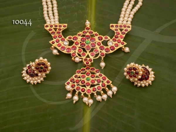 Kempu peacock temple jewelry pearl necklace for sarees 