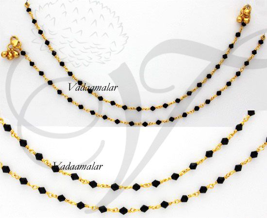 Black Crystal Anklets Paayal leg ornaments in gold plated Chain - 2 pieces