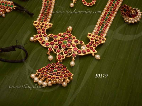 10 Pieces Red Kemp Stones and Pearls Bridal Jewelry Bharatanatyam Dance Set