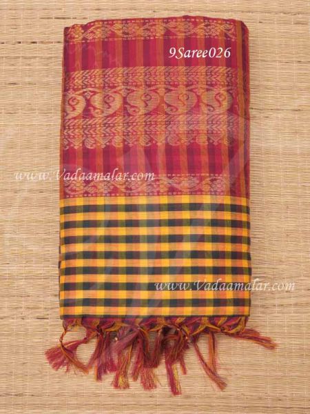 9 Yards Saree Iyer Iyengar Checked Design Madisaar Indian Traditional Sari 