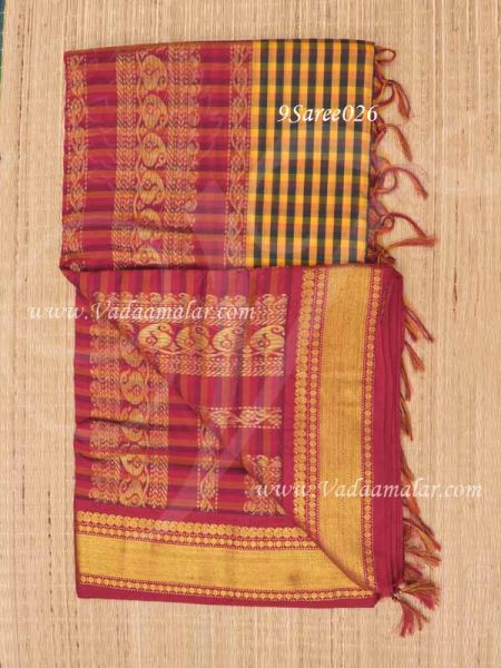 9 Yards Saree Iyer Iyengar Checked Design Madisaar Indian Traditional Sari 