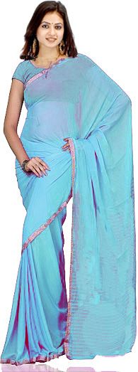 Elegant Light Blue Chiffon Indian Bollywood Saree Sarres farbic with gold border