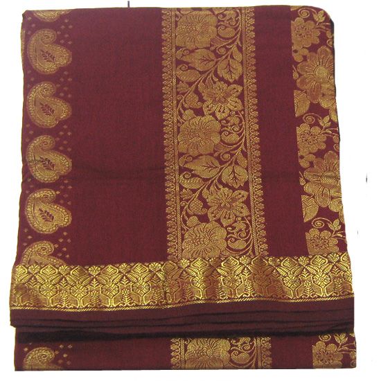 Maroon Poly Cotton Sarees South Indian Cotton Artifical Silk Saree Fabric