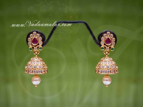 American Diamond And Ruby Emerald Stone Indian Design Jhumki Buy Online