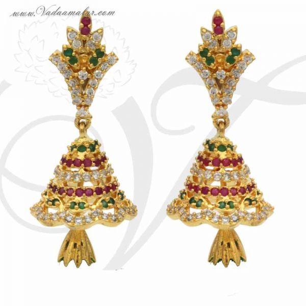 American Diamond and Ruby Emerald Stone Indian Design Jhumki Buy Online