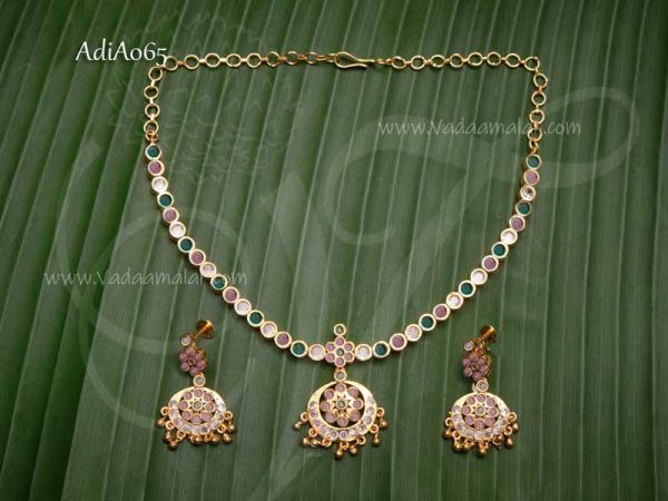 Attikai with Earring AD Ruby Emerald Stones Indian Design Choker Necklace 