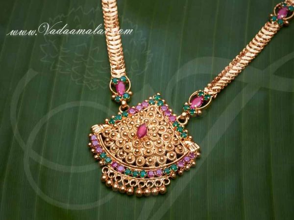Gold Plated Necklace for Women Ruby Emerald Stone Pendant With Short Chain