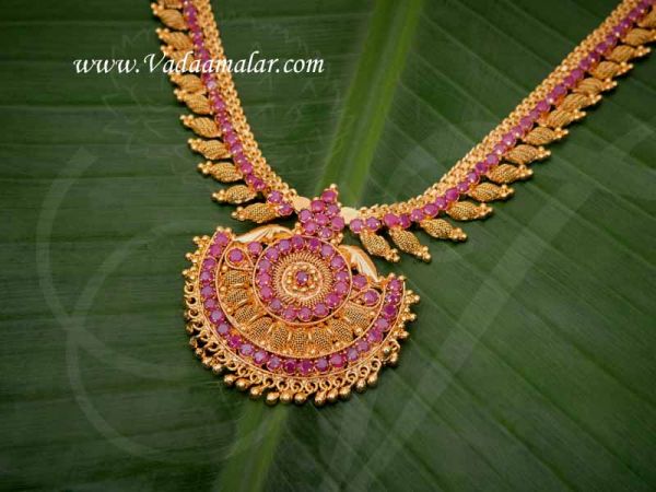 Haaram for Saree Salwar Gold Plated Ruby Emerald Pendant Buy Now 15