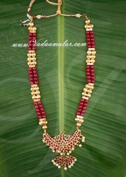 Kemp Stone Pendant with Beads Long Necklace for Saree Salwar Costumes 