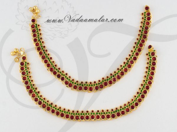 Red and Green Kemp Stone thick Payal Anklets Indian anklet