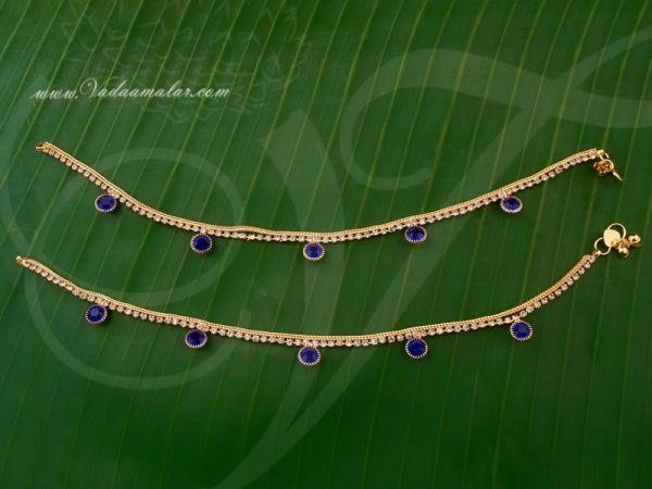 Anklets Payal Imitation Gold White and Blue colours Stones Leg Ornament Indian anklet