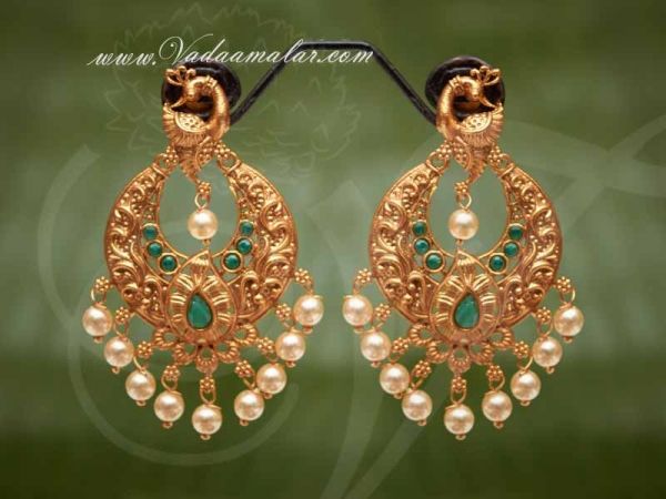 Antique Design Pearl Ear Drops Emerald Stones Earrings Buy Online