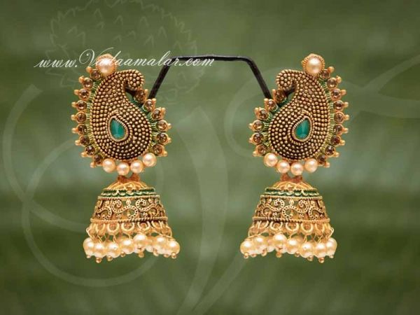 Antique Design Emerald Stone Jhumkis Jhumka Ethnic Ear Studs Buy Online
