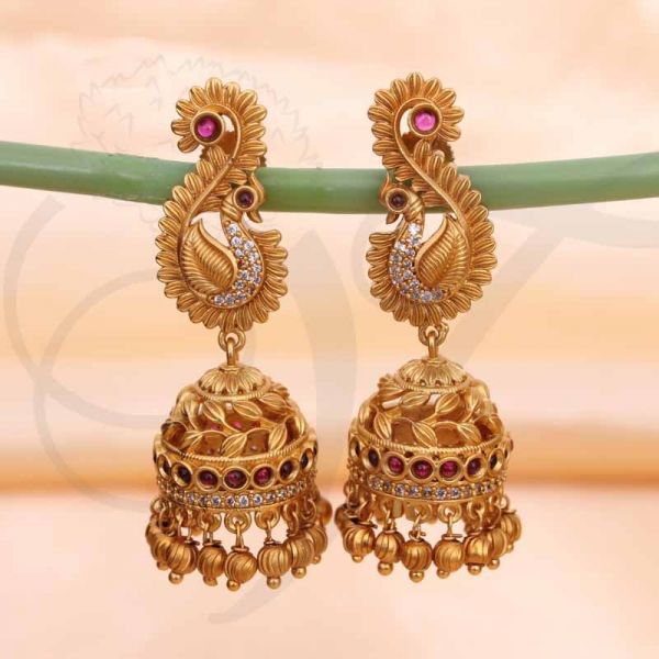 Peacock Design Jhumka Earrings Matt Finish temple jewellery jhumkas online For Saree and Lehenga Buy Online