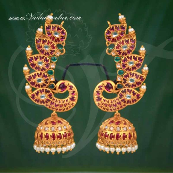 Gold Plated Earrings Peacock Kan Chain Extension Antique Jhumkas Buy Now
