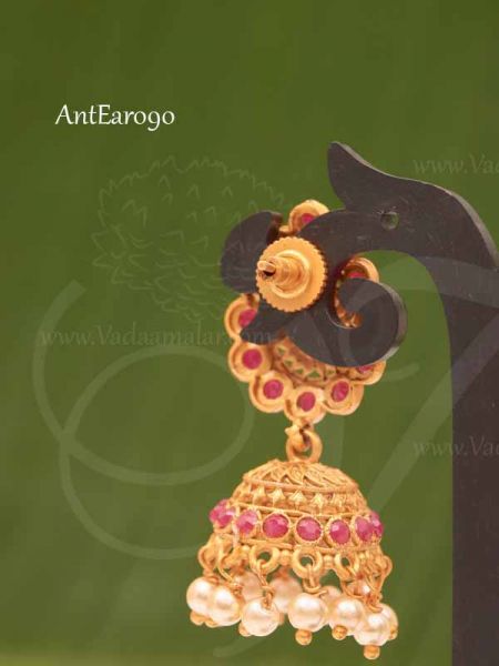 Jhumka Earring Gold Plated Red Green Stone Jhumkis