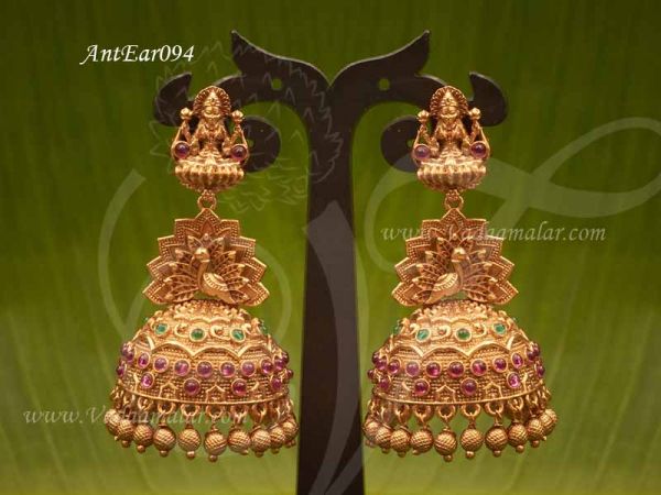 Earring Antique Lakshmi and Peacock Design Ruby Emerald Stone Jhumka Jhumkis Buy Online