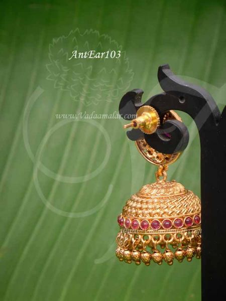 Jhumka Earring Antique Gold Plated Flower Design Jhumkis 1.5 inches