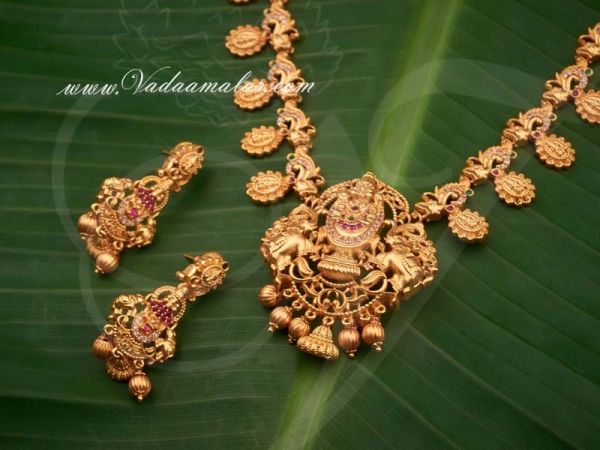 Antique style perumal design Long Necklace with Matching Earring Set
