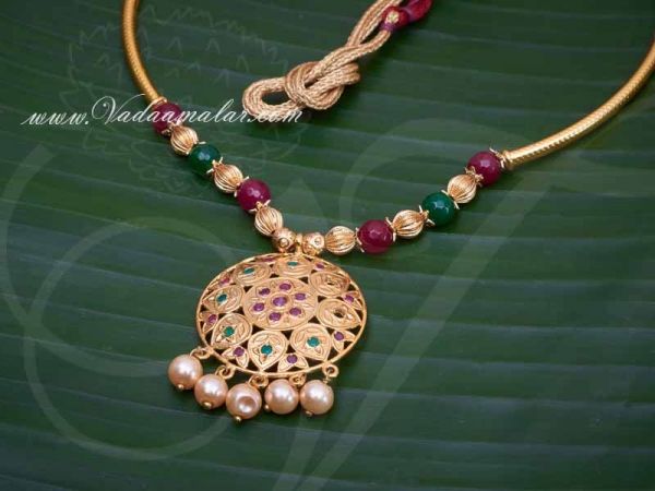 Gold Plated Necklace Trendy Design Pendent with Beads Necklace for Saree Salwar Buy
