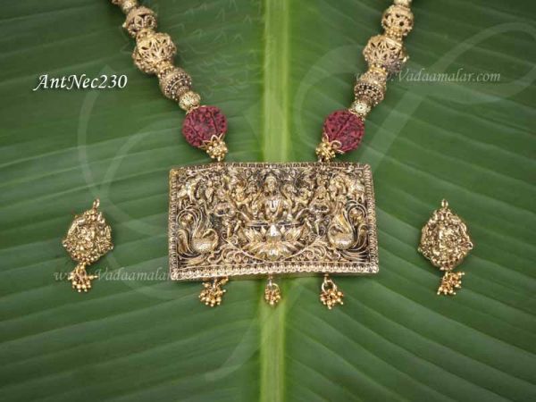 Antique Lakshmi Design Pendant with Rudraksha Beads Necklace Set 10 Inches 