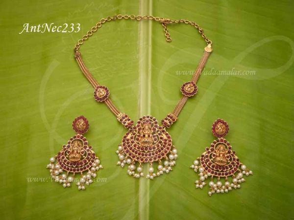 Lakshmi Design Red colour stone Short Necklace With Matching Earrings For Sarees 5.5 inches