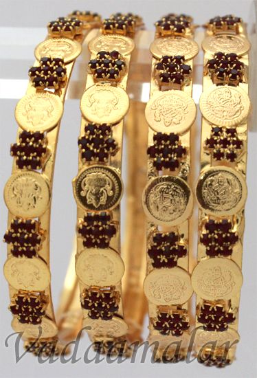 4 Gold Plated Maroon Stone Lakshmi Coin Kasu Valaiyal Bracelet Bracelets