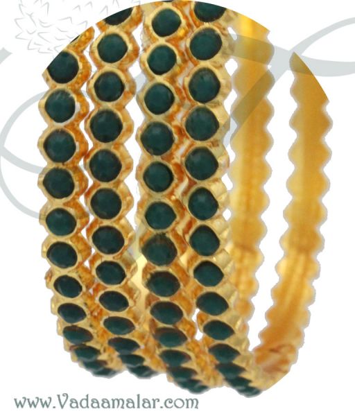 Antique Green Stone Bangles Bracelets Bharatanatyam Kuchipudi Bangles Bracelets - 4 pieces