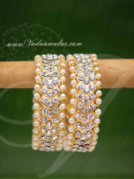 Bangle White Stones with Pearls Bharatanatyam Kuchipudi Bracelets 2 pieces
