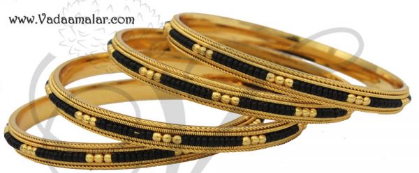 Gold Plated Black Bead Bangle Indian Design Bracelets 4 pieces