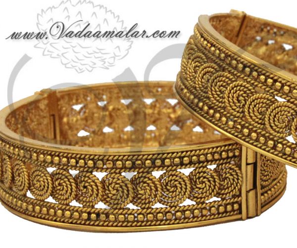 Antique design kada bracelet bangles oxidized gold toned valaial - 2 pieces