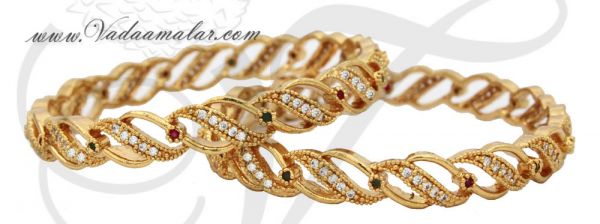 Micro gold plated elegant bracelets with ruby emerald stones bangles bracelet - 2 pieces