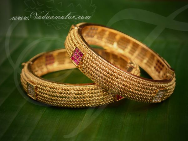 Antique design white and maroon stone bangle - 2 pieces