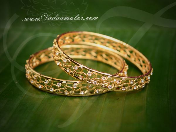 Gold plated white stones bangles bracelets - 2 pieces