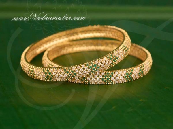 American Diamond and Emerald Stones Bangles Bracelet - 2 pieces