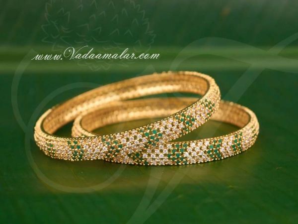 American Diamond and Emerald Stones Bangles Bracelet - 2 pieces