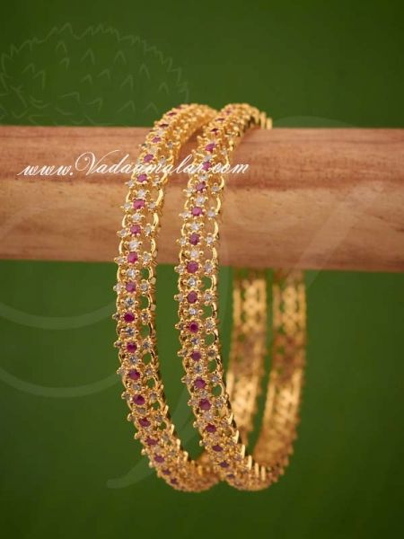 Micro Gold Plated AD and Ruby Stones Bangles Bracelet - 2 pieces