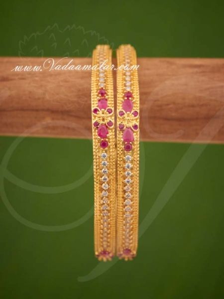 Gold Plated AD Ruby Stones Bangles Bracelet - 2 pieces