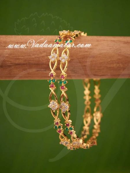 Micro Gold Plated Ruby Emerald Stones Bangles Bracelet - 2 pieces