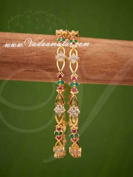 Micro Gold Plated Ruby Emerald Stones Bangles Bracelet - 2 pieces