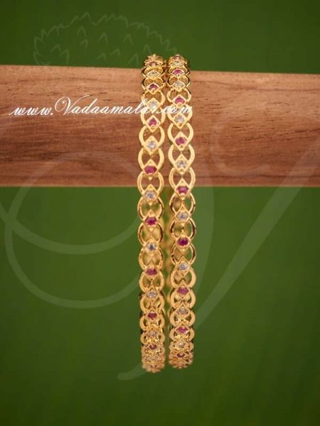 Gold Plated AD Ruby Stones Bangles Bracelet - 2 pieces