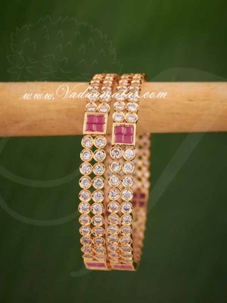 Gold plated white with pink stones bangles bracelets - 2 pieces