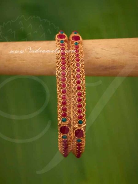 Antique Indian design Ruby emarald stone elegant Matt finish bracelets bangles - 2 pieces