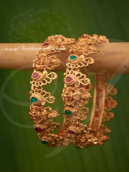 Antique Lakshmi design ruby and emerald stone elegant Matt finish bracelets bangles - 2 pieces