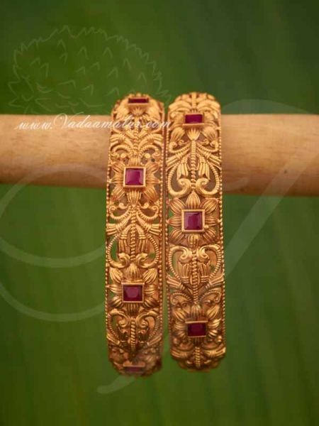 Antique Indian design red stone elegant Matt finish bracelets bangles - 2 pieces