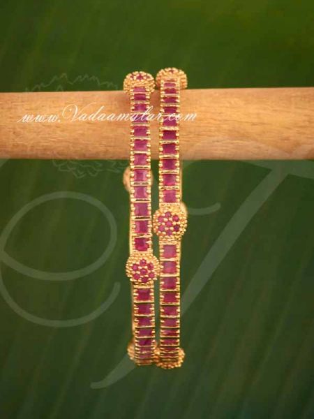 Gold Plated Ruby Stone Bangles Bracelet - 2 pieces Size : 2-10
