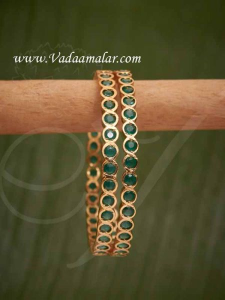 Bangles Gold Plated Green Emerald Stones Bracelet Valaiyal  (2-4)